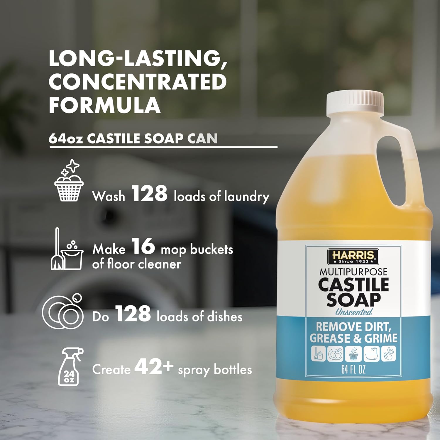 HARRIS Multi-Purpose Pure Liquid Castile Soap for Home Cleaning, Multi-Purpose Cleaner, For Dish Soap, Laundry Detergent, Kitchen and Bathroom Surfaces, Kids Rooms, Unscented, 64 Oz