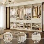 Unikito Closet System, 8.2FT Closet Organizer with 6 Wooden Drawers, Hanging Rods, Adjustable Shoe Rack and Cube Storage, Easy Assembly Wardrobe Tower, Set of 4, White Oak