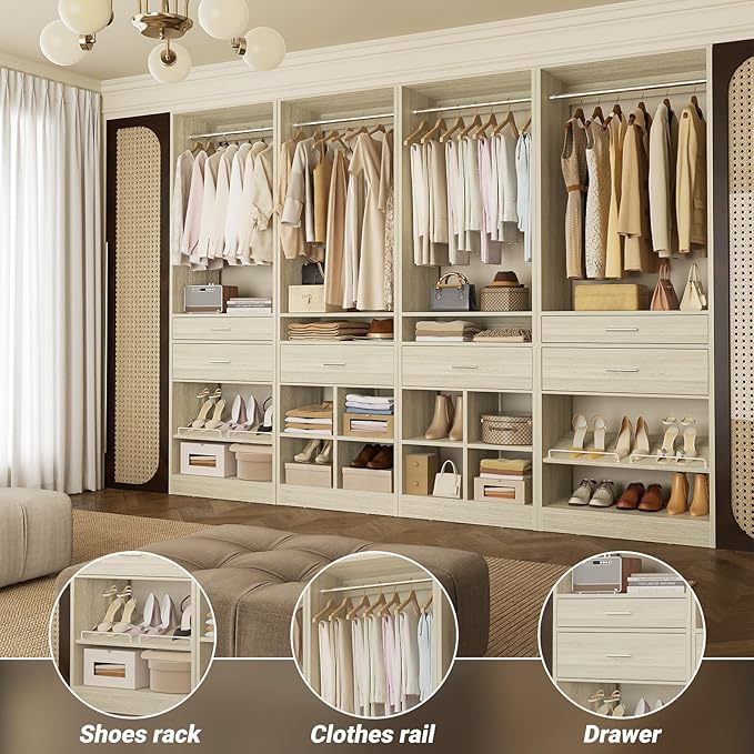 Unikito Closet System, 8.2FT Closet Organizer with 6 Wooden Drawers, Hanging Rods, Adjustable Shoe Rack and Cube Storage, Easy Assembly Wardrobe Tower, Set of 4, White Oak