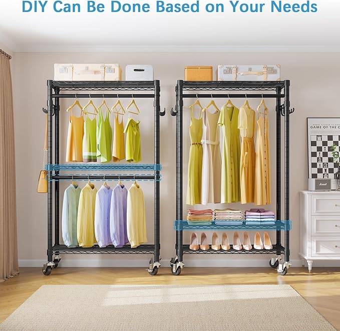 VIPEK R2 Mini Rolling Clothes Rack Heavy Duty Clothing Rack for Hanging Clothes Adjustable Portable Closet Metal Clothes Racks with Wheels Double Rods Side Hooks, Freestanding Garment Rack, Black