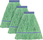 Matthew Cleaning Heavy Duty Mop Head Commercial Replacement for General and Floor Cleaning , Wet Industrial Blue Cotton Looped End String Head Refill (Pack of 3) Green