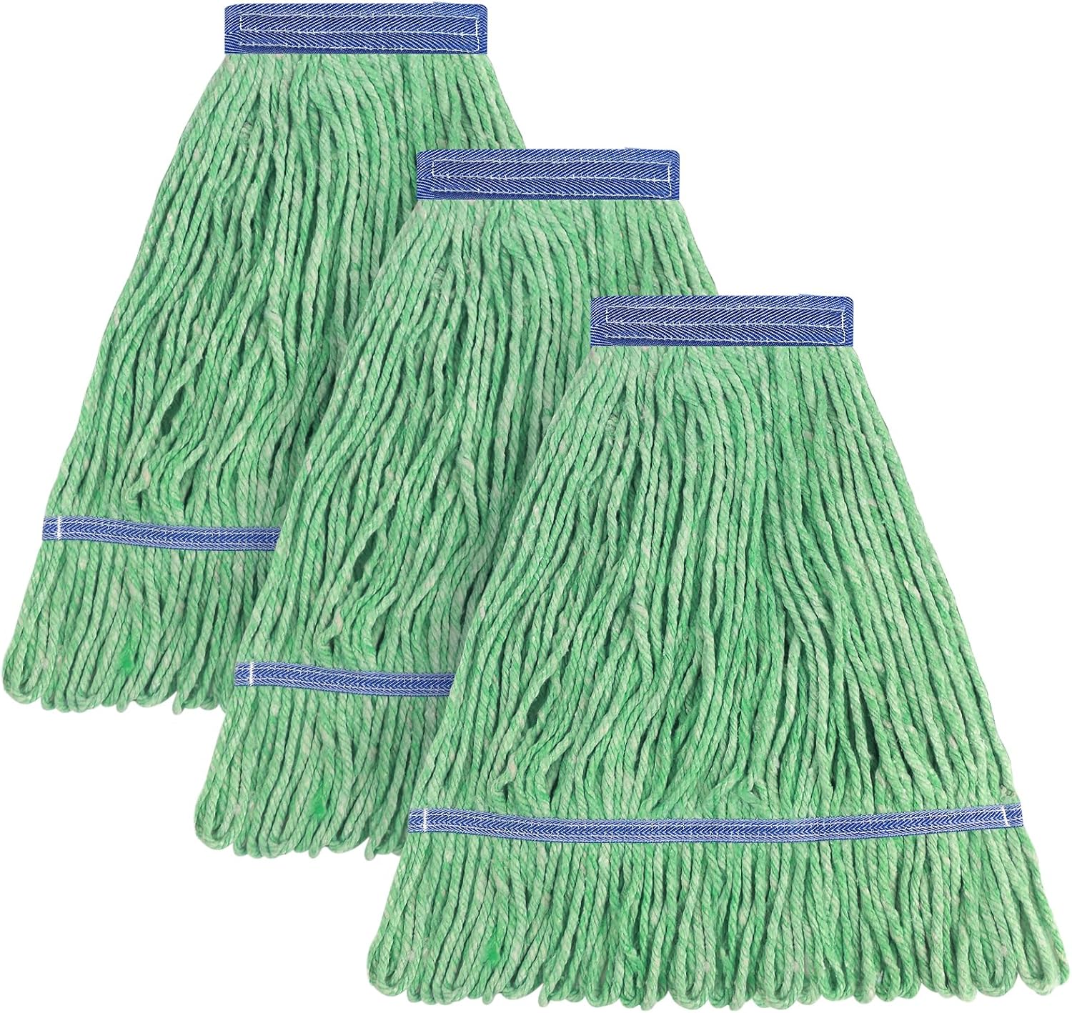 Matthew Cleaning Heavy Duty Mop Head Commercial Replacement for General and Floor Cleaning , Wet Industrial Blue Cotton Looped End String Head Refill (Pack of 3) Green
