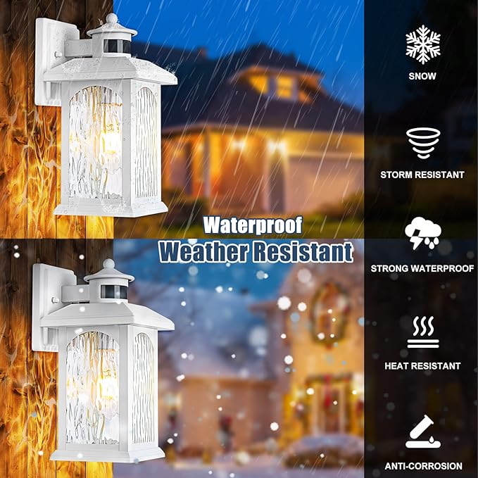 Motion Sensor Outdoor Wall Sconce, White Dusk to Dawn Motion Sensor Lighting, Smart & Waterproof Wall Lights & Exterior Light Fixture, Porch Lights with Rippled Glass for Garage House