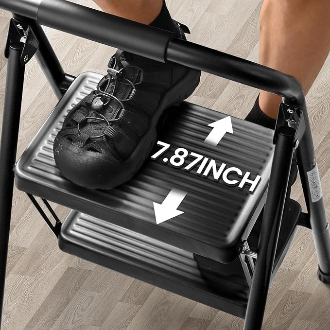 Step Stool for Adults,2 Step Ladder Folding 330lbs Anti Slip Step Stool,Foldable Ergonomic 2 Steel Stool with Wide Pedal for Home, Kitchen, Office (Matte Black)
