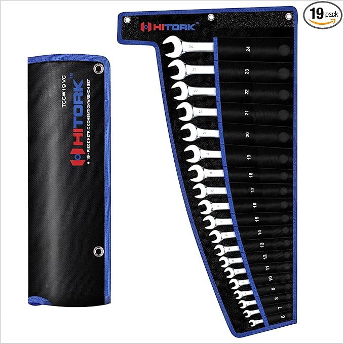 HITORK 19 Piece Metric Combination Wrench Set (6–24mm) Cr-V Steel Mirror Chrome Finish 12-Point Box End, 15° Offset, Roll-Up Pouch – Durable Open End Wrench Set for Home, Garage & Auto Repair