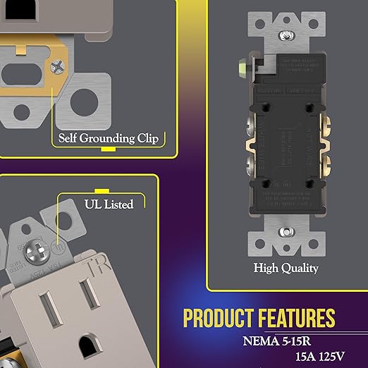 ENERLITES Elite Series Decorator Receptacle Outlet Child Safe Tamper-Resistant, Gloss Finish, Self-Grounding, 2-Pole, Residential Grade, 15A 125V, UL Listed, 61501-TR-NK-10PCS, Nickel (10 Pack)