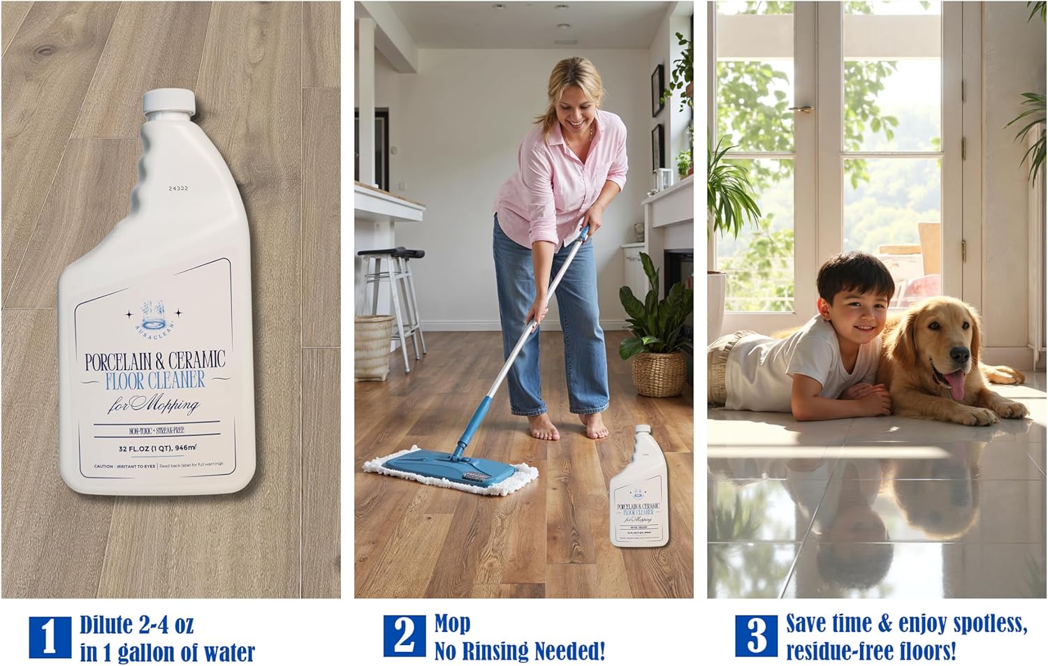 Porcelain & Ceramic Tile Floor Cleaner - Mop Soap Concentrate for mopping - Streak-Free Clean, Ph Neutral and non-Toxic - Safe for Marble, Travertine, Limestone - 32 fl oz (1-qt)