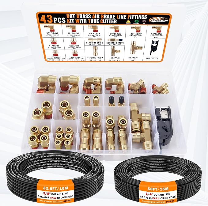 CheeMuii 43 Pcs Brass DOT Air Line Fittings with 50FT 1/4" & 32.8FT 3/8" DOT Air Hose Kit - 1/4, 3/8, 1/2 Push to Connect NPT Thread & Quick Connect Fittings