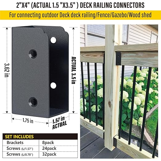 201 Stainless Steel 2" x 4" (Actually 1 ½" x 3 ½") Deck Railing Connector, for Deck Railing, Handrail, Barn and Beam end Connection Installation (8pc-Black)