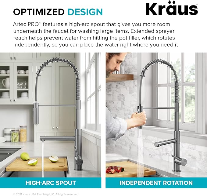 KRAUS Artec Pro Commercial Style Pull-Down Single Handle Kitchen Faucet with Pot Filler in Brushed Brass, KPF-1604BB