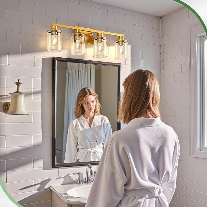 DORESshop 4-Light Vanity Light Fixtures, Gold Bathroom Light Fixtures Over Mirror with Clear Glass Shade, Modern Vanity Lights for Living Room Bedroom