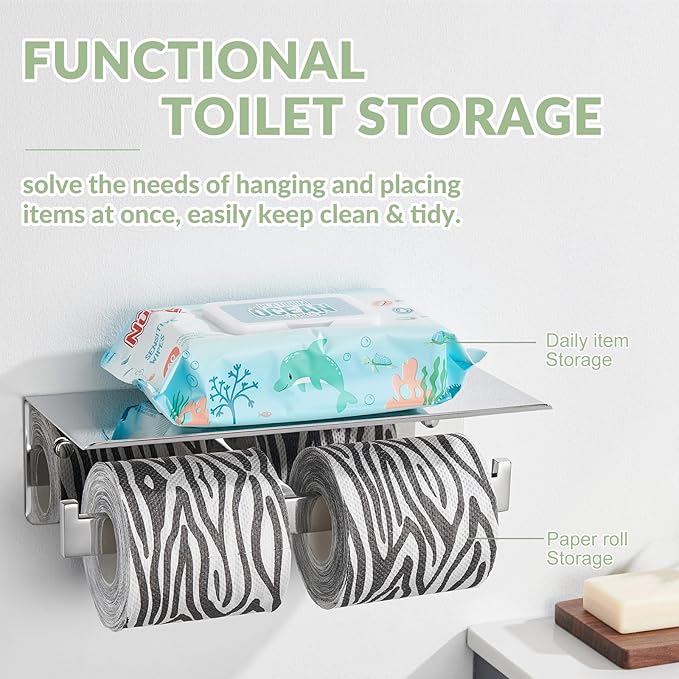APLusee Double Toilet Paper Holder with Phone Shelf, 304 Stainless Steel Bathroom Tissue Hanger, Wall Mounted Dual Roll Paper Dispenser, Polished Chrome