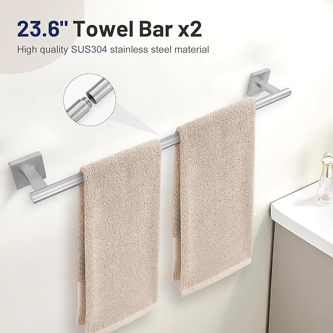 10 Pieces Bathroom Hardware Set Brushed Nickel Towel Bar Set Includes 23.6” Towel Bar, Towel Ring Holder, Toilet Paper Holder and Two Towel Hooks, Bathroom Accessories Set SUS304 Wall Mounted