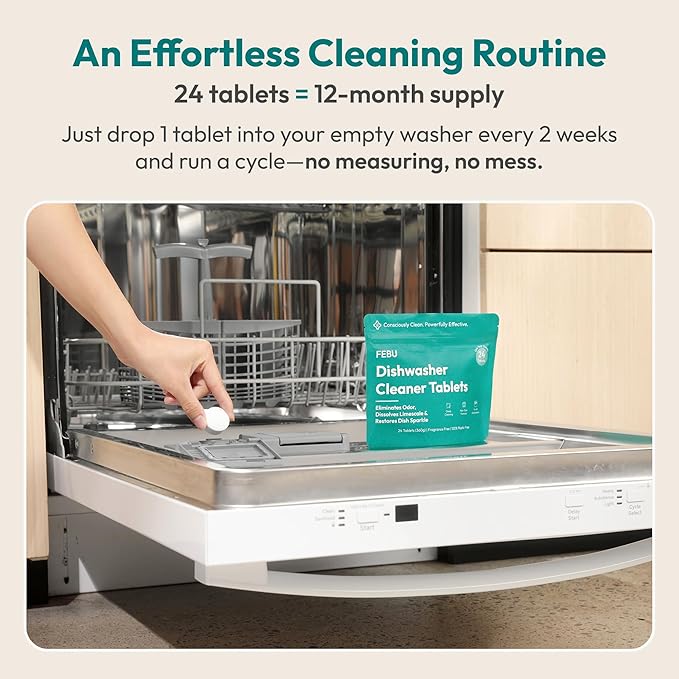 FEBU Dishwasher Cleaner Tablets Made in USA | Natural Dishwasher Cleaner and Deodorizer | Eliminates Grease & Grime | 8 Natural, Biodegradable, Plant-Based Ingredients | 24 Tablets - 12 Month Supply