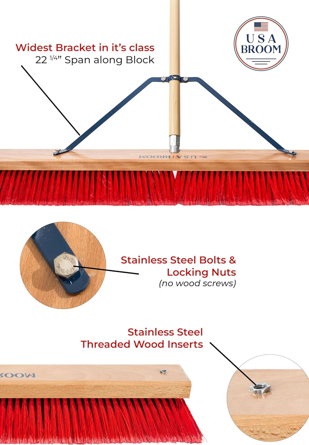 USA Broom 36" Everyday Sweep Indoor/Outdoor Push Broom with 60" Handle. Ideal for Garages & Shops. Durable American Made Steel Brackets-All Stainless Steel Hardware. No Plastic. 100% Made in The USA.