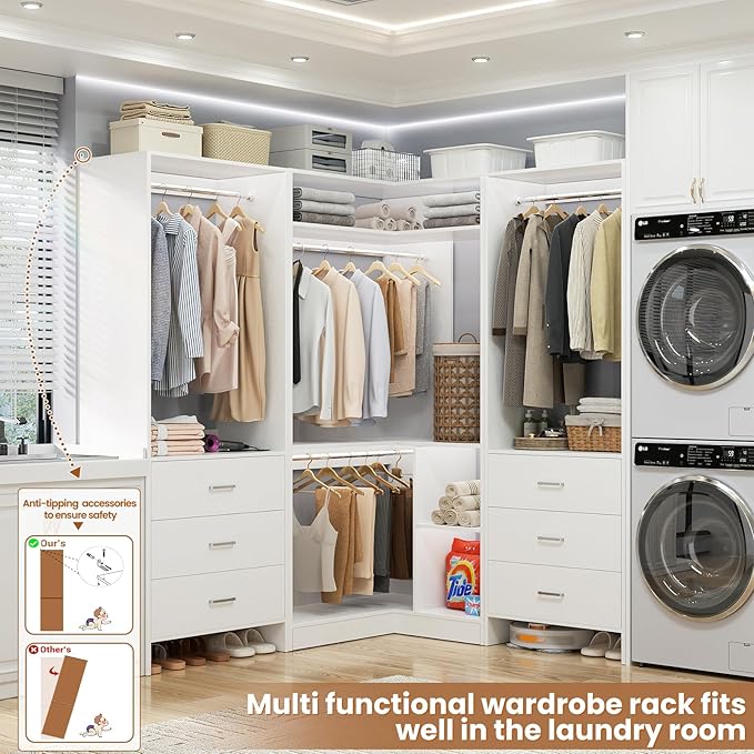 Aheaplus Closet System with 6 Drawers, 4 Hanging Rods & Corner Tower, Corner Closet System with Hanging, 80.9" L-Shaped Walk-In Wardrobe Organizer, 2000+ lbs Capacity, Set of 3, White