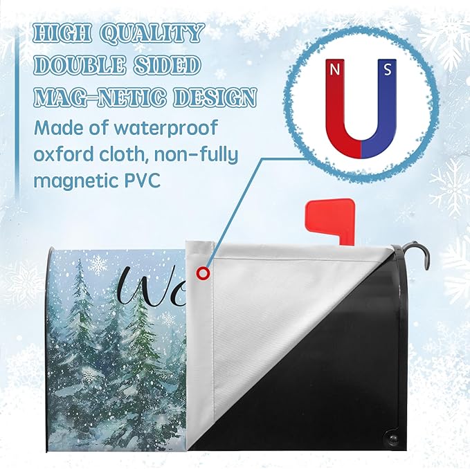 Winter Welcome Mailbox Covers Magnetic Forest Pine Tree Mailbox Cover Standard Size 21x18 Inch Snowflakes Outdoor Letterbox Wraps for Garden Yard Winter Decor