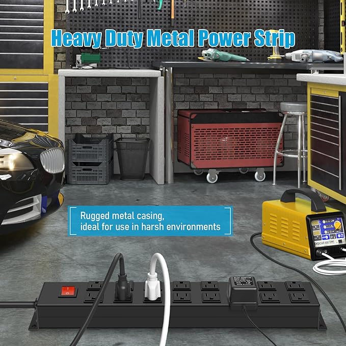 HHSOET Metal 16 Outlet Mountable Power Strip, Wall Mount Garage Workbench Socket, Gaming Table Surge Protector with 3 FT Power Cord.(Black)