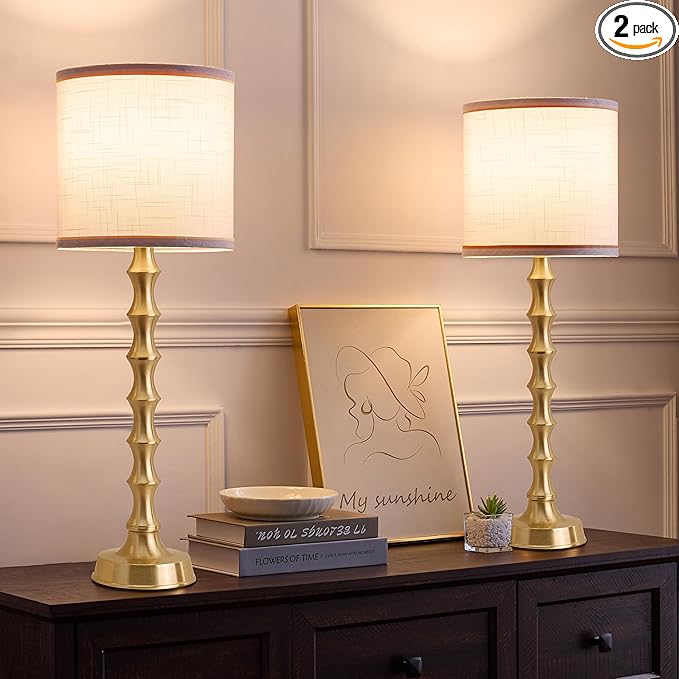 Set of 2 Gold Table Lamps, 30.5" Electroplated Gold Bamboo Base with White Linen Shade, Tall Buffet Lamps for Dining Room, Living Room, Bedroom Decor