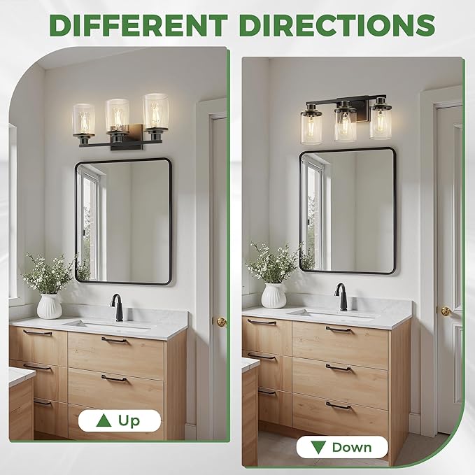 DORESshop 17 Inch Bathroom Light Fixtures, 3-Light Black with Gold Trim Bathroom Lighting Fixtures Over Mirror with Clear Glass Shade, Vanity Lights for Living Room Bedroom