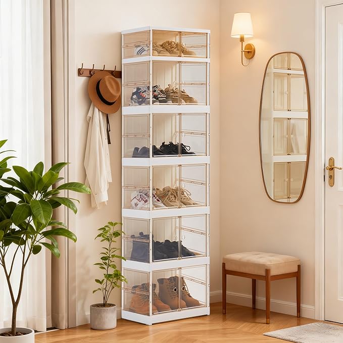 6-Tier shoe rack storage rack at the entrance of the wardrobe, sports shoe storage cabinet, foldable shoe cabinet with wheels, 3-sided transparent foldable multifunctional storage cabinet