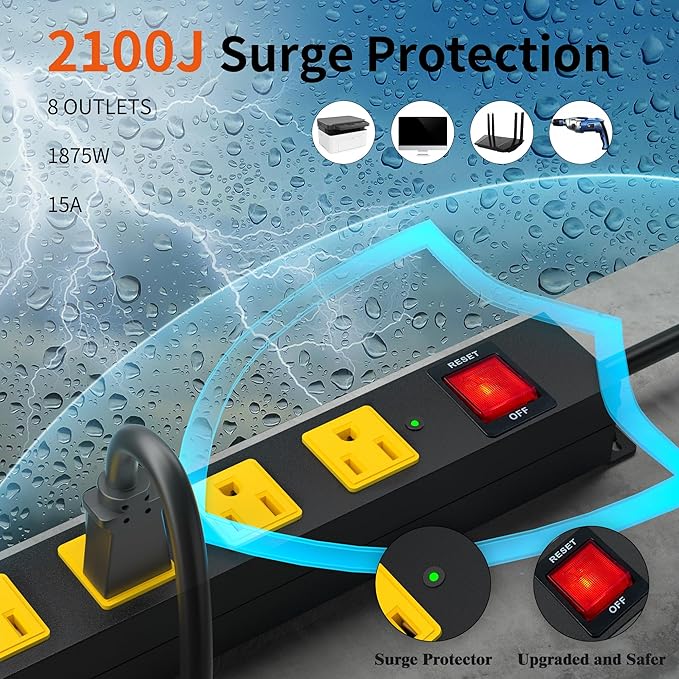 8 Outlet Long Power Strip, 2Pack 2100J Surge Protector Heavy Duty 6FT Cord Wide Spaced and Wall Mount Metal Powerstrip for Home Office Garage Workshop