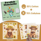 Swedish Dishcloths for Kitchen, 6PCS Floral Highland Cow Swedish Dish Cloths Gift Set, Reusable Washable Absorbent Dish Towel for Home Cleaning