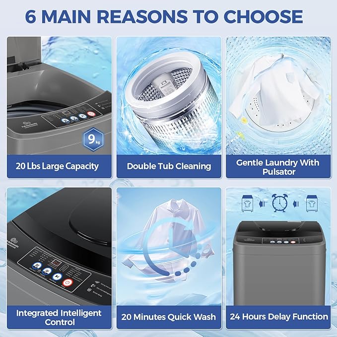 Nictemaw Portable Washing Machine 20Lbs Portable Washer Machine with Drain Pump, 2.8 Cu.ft Compact Washing Machine with 10 Programs 8 Water Levels Laundry Machine for Apartment, Home, Dorms, Rv