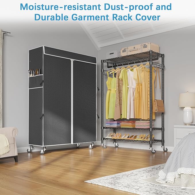 VIPEK R3C Plus Garment Rack - Rolling Clothes Rack with Locking Wheels, Heavy Duty Portable Closet with Adjustable Shelves & Side Hooks, Black