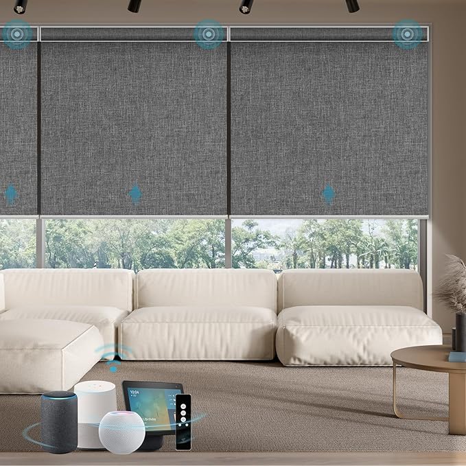 SmartWings Motorized Smart Blinds with Remote, Automatic Blackout Roller Shade Work with Alexa Homekit Thread Google Z-Wave, Electric Blind for Window, Custom Width Up to 110" W,Bouvardia Medium Grey