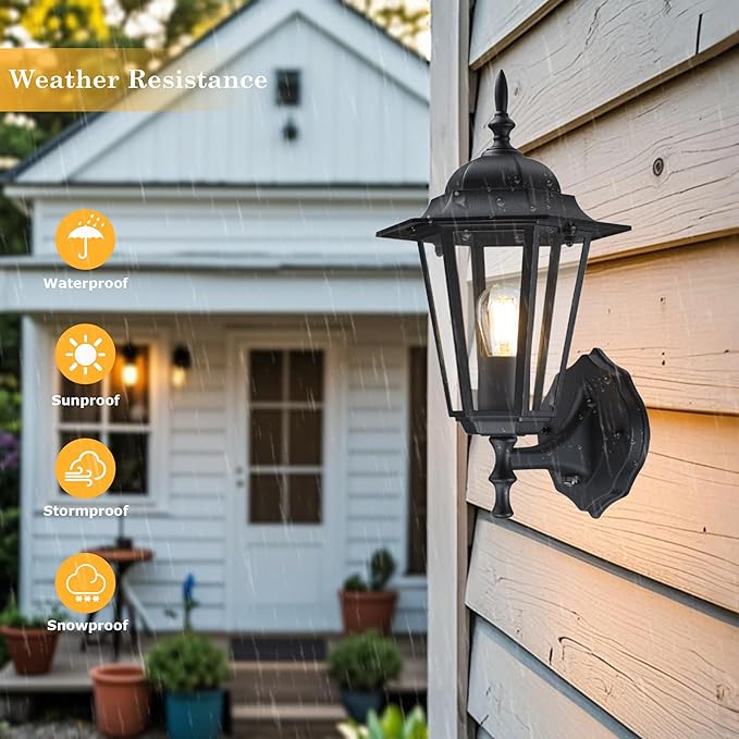 GRUENLICH Dusk to Dawn Outdoor Wall Sconce, Exterior Front Porch Lighting with Clear Glass, Black Aluminum Outside Coach Light for Patio Doorway Garage, 2 Pack