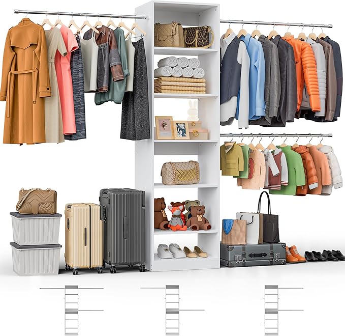 Wood Closet Organizer and Storage- Starter Kit Tower and 3 Hang Rods, Shelves, Adjustable, Closet Organizer System Fits Spaces 5 – 10 Ft, 60 to 96 inch Walk-in Closet System