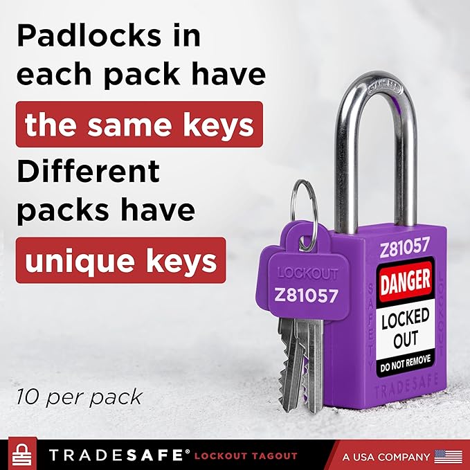 TRADESAFE Lockout Tagout Locks Set - 10 Purple Keyed Alike Padlocks, 2 Keys Per Lock, OSHA Compliant Loto Locks for Lock Out Tag Out Stations, Premium Grade