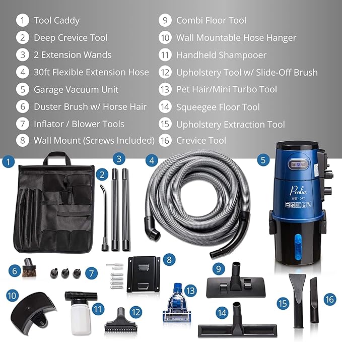 Prolux Professional Shop Blue Wall Mounted Garage Vac, Wet Dry Pick Up