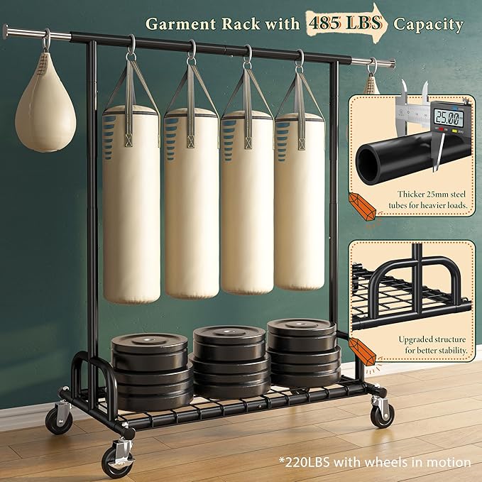 Raybee Heavy Duty Clothes Rack, Clothing Racks for Hanging Heavy Clothes 200+, Rolling Clothing Rack Load 485 LBS, Extendable & Adjustable Portable Commercial Garment Rack with Wheels, Black