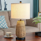 Touch Control Rattan Table Lamps, 3 Way Dimmable Bedside Lamps for Bedroom with 2 USB Ports and AC Outlet, Grass Rope Nightstand Lamps for Living Room Office (LED Bulbs Included)