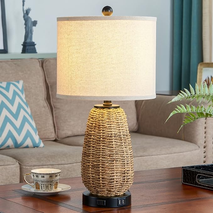 Touch Control Rattan Table Lamps, 3 Way Dimmable Bedside Lamps for Bedroom with 2 USB Ports and AC Outlet, Grass Rope Nightstand Lamps for Living Room Office (LED Bulbs Included)