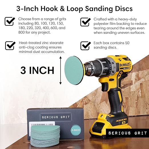 Serious Grit - 3-Inch 220 Grit Sanding Discs - Heavy-Duty Hook & Loop Film Discs - Sandpaper for Woodturning, Bowl Sanding & Power Tool Drill Attachment Sanding Pads - Pack of 50