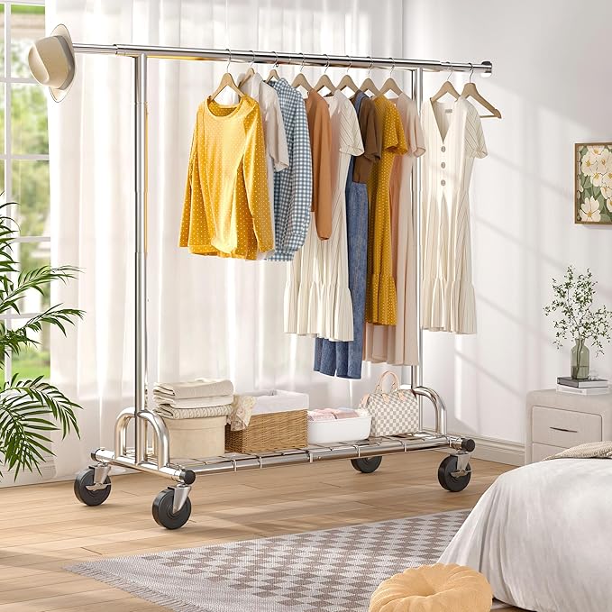 Raybee Heavy Duty Clothes Rack, Clothing Racks for Hanging Heavy Clothes 200+, Rolling Clothing Rack Load 485 LBS, Extendable & Adjustable Portable Commercial Garment Rack with Wheels