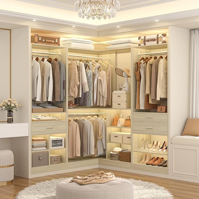 Unikito 86" Corner Closet System, Modular Closets Organizer with 4 Hanging Rods and Storage Shelves, Freestanding Wood Clothes Garment Rack with Drawers, Sturdy Walk in Closet Tower, White Oak