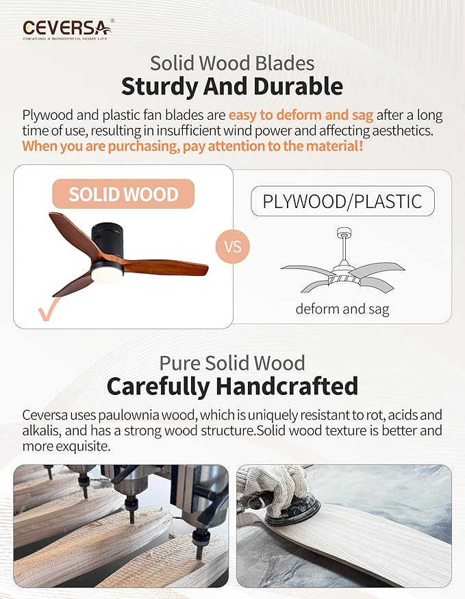 42 Inch Low Profile Ceiling Fans with Lights and Remote, Flush Mount Ceiling Fan with Lights, 3 Blades Solid Wood Dimmable Walnut Easy Installation for Living Room, Bedroom, Farmhouse, Indoor