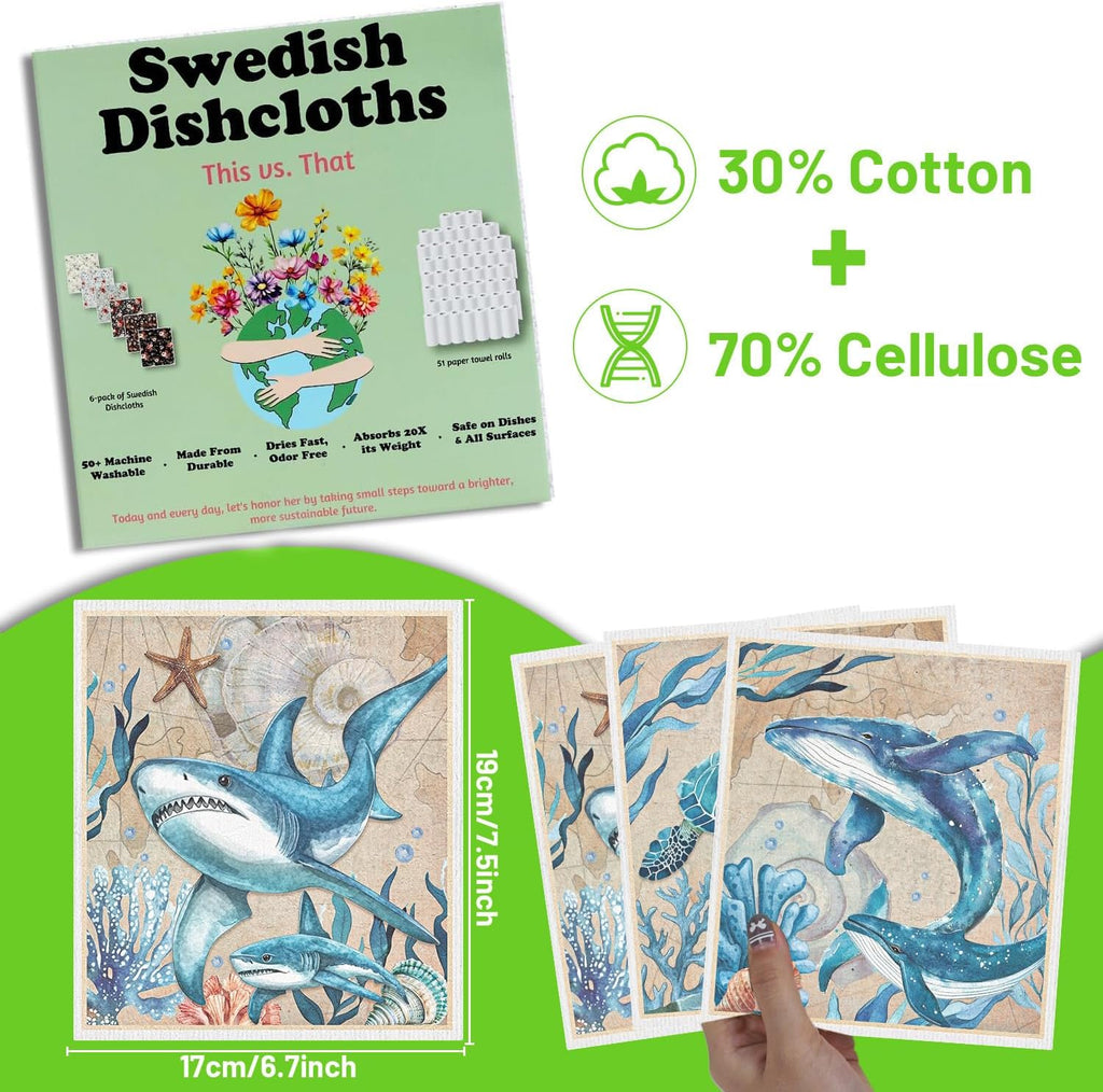 Swedish Dishcloths for Kitchen, Reusable Absorbent Fast Drying Sea Animals Theme Swedish Dish Cloths Gift Set, Washable Cellulose Sponge Cloths Dish Towel for Washing Dishes