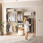 Cyclysio 96 Inch Closet Organizers and Storage, 8 FT Hanging Closet Organizer with 4 Adjustable Rods, Wardrobe Organizers with 3 Shelving Towers for 4-8FT Spaces(Cut-to-Fit), Oak