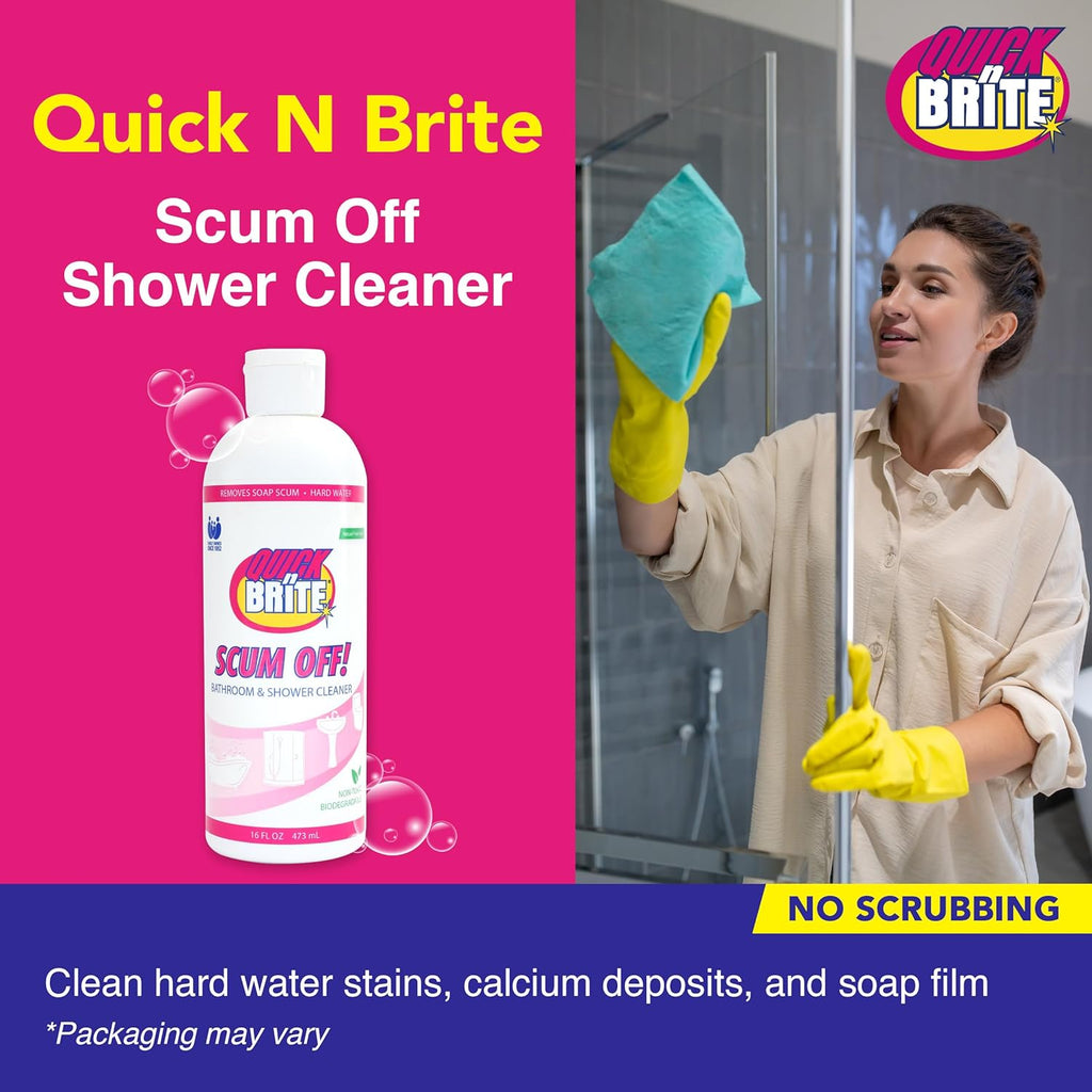 Quick ‘n Brite Scum Off Shower Cleaner - No Scrub, No Harsh Chemical Daily Shower Cleaner, Multi-Surface All-Purpose Cleaner 16 Oz - Pack of 2 (Packaging May Vary)
