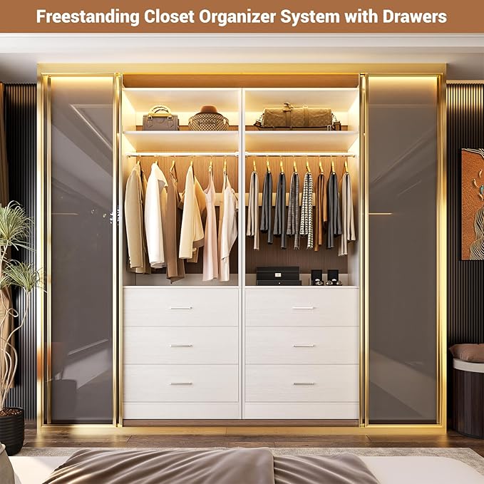 Freestanding 2FT Closet System with 3 Wood Drawers, 24" Closet Organizer System with Hanging Rod & Shelves, Walk-in Closet Systems for Small Closets, White (24"L x 15" W x 80" H)