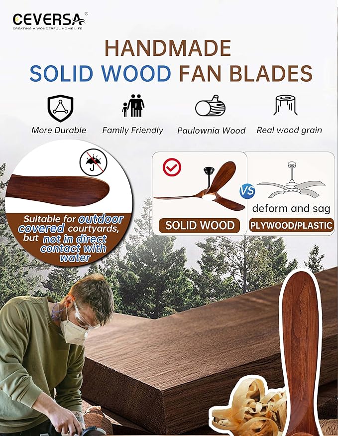 60 Inch Outdoor Ceiling Fans with Lights and Remote,3 Blades Wood Propeller, Quiet DC Motor,Dimmable Outdoor Ceiling Fans for Patios,Farmhouse,Living Room,Bedroom, Indoor,Walnut