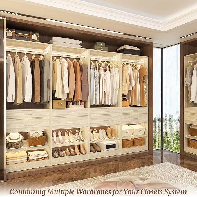 Unikito 25” W x 80'' H Closet System Organizer with Hanging Rod and 2 Wooden Drawers, Adjustable Shoes Rack, Sturdy Garment Racks, Walk-in Closet Tower for Bedroom, Mudroom, and Entryway, White Oak