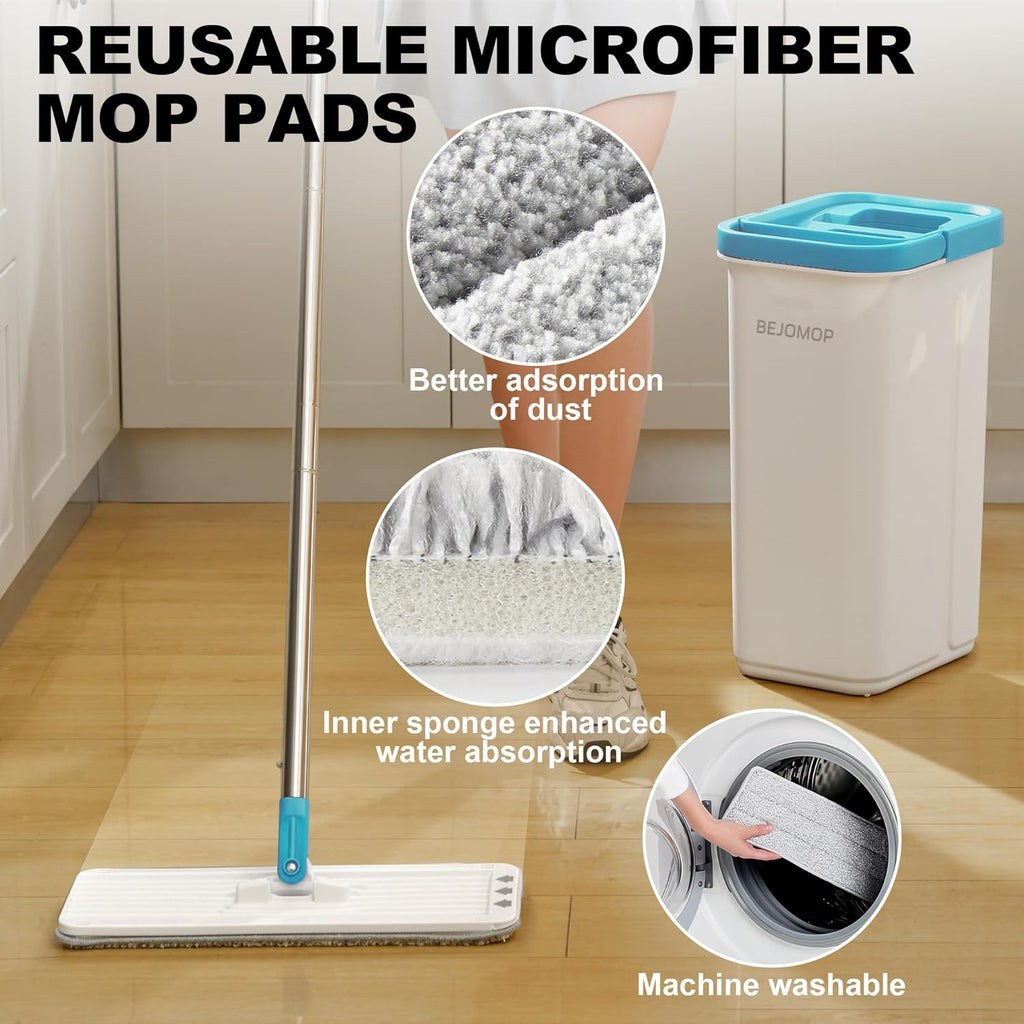 Mop and Bucket Set with Wringer, Dry & Wet Wall Mop Cleaner with Long Handle, Flat Squeeze Spin Dust Mop for Household Floor Cleaning with 4 Microfiber Mops, Turquoise-Cyan