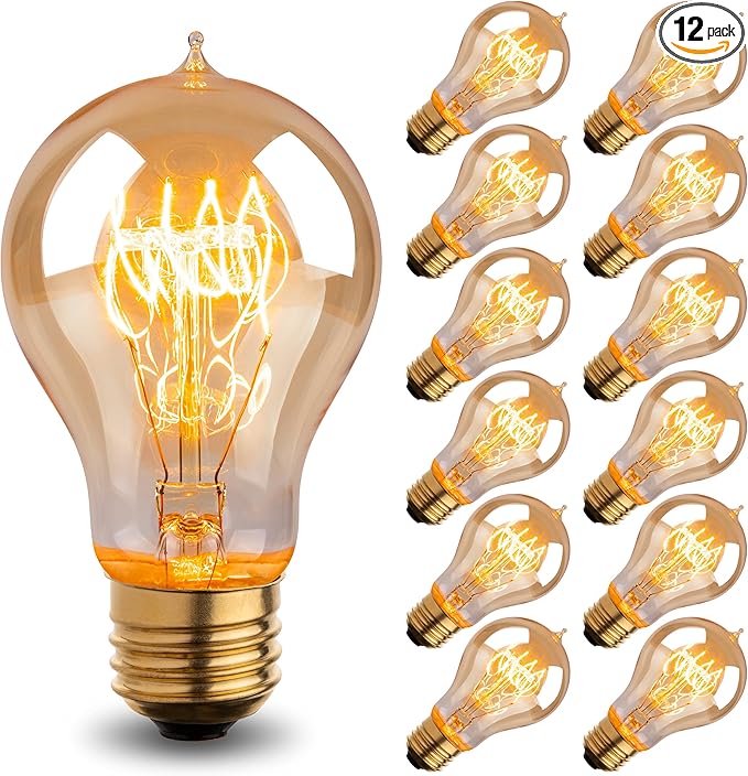 Warm Incandescent Light Bulbs 60 Watt,A19/A60 Vintage Style Edison Bulbs E26,Soft Yellow Light Bulbs,Amber Bulbs,Retro Light Bulb Old Fashioned,Halogen Dimmable Edison Bulb Squirrel Cage 12 Pack