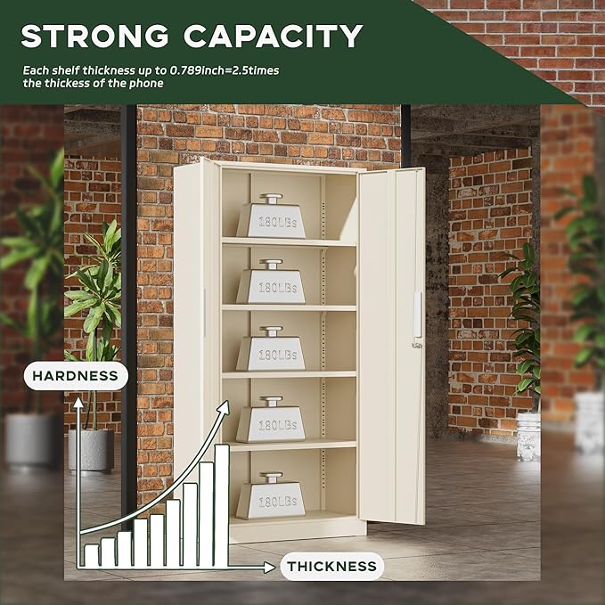 Greenvelly Metal Storage Cabinets, 72” Steel Garage Storage Cabinet with Doors and 4 Shelves, Metal Tool Cabinet, Steel Filing Cabinet for Home Office, Basement, Garage, School(Grey)